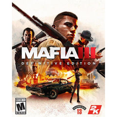 Mafia III Definitive Edition video game cover art featuring multiple characters, a black classic car, a shotgun, and fiery action elements on a light background, with the ESRB, Manual of the Game 13, and 2K logos visible.