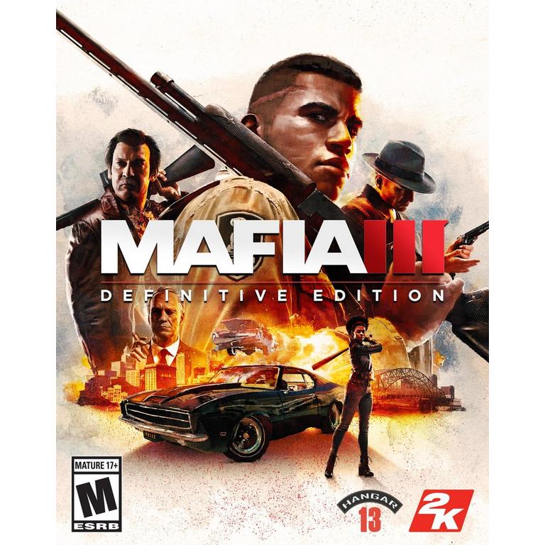Mafia III Definitive Edition video game cover art featuring multiple characters, a black classic car, a shotgun, and fiery action elements on a light background, with the ESRB, Manual of the Game 13, and 2K logos visible.