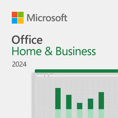 Microsoft Office Home & Business 2024 packaging with bar graph on a light gray background
