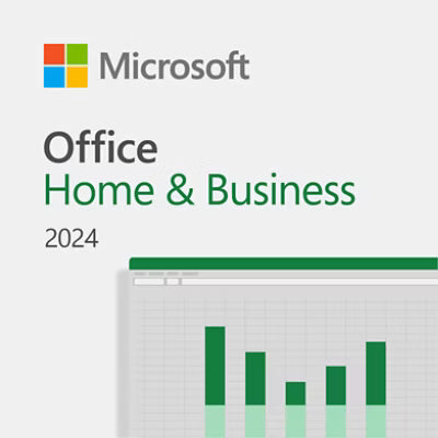 Microsoft Office Home & Business 2024 packaging with bar graph on a light gray background