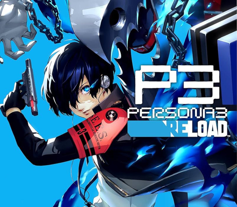 Promotional image for 'Persona 3 Reload' featuring a character with a gun against a blue background.