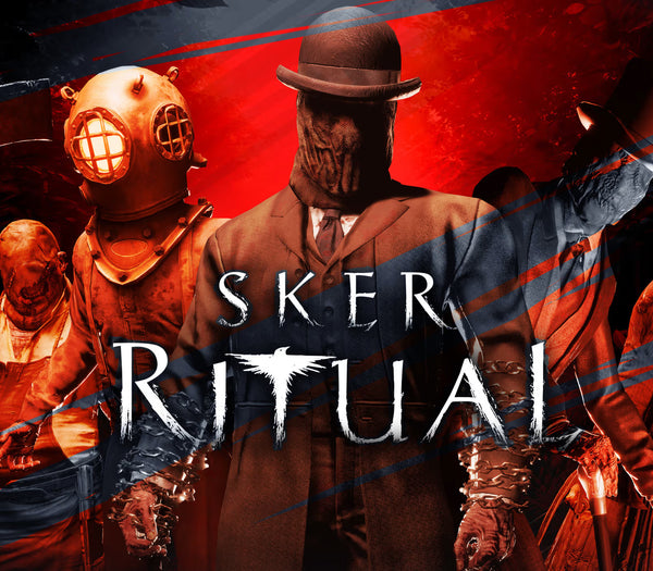 Promotional image for 'Sker Ritual' with characters in vintage attire and a dramatic red background.