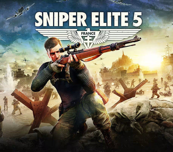 Promotional image for 'Sniper Elite 5' with a soldier holding a rifle against a war-themed background.
