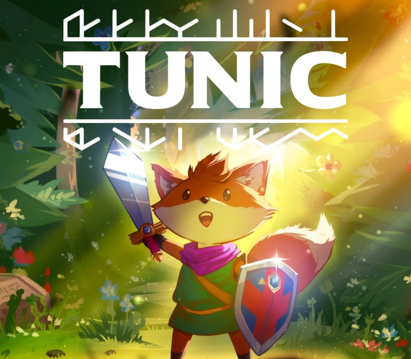 Game cover of 'Tunic' featuring a fox-like character holding a sword and shield in a forest setting.