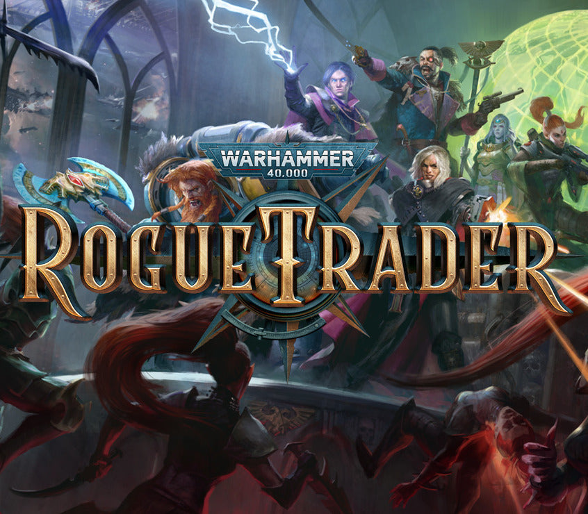 Promotional image for 'Rogue Trader' from Warhammer 40,000 with characters and fantasy elements.