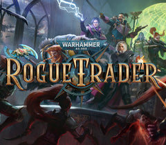 Promotional image for 'Rogue Trader' from Warhammer 40,000 with characters and fantasy elements.
