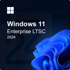 Promotional image featuring the text 'Windows 11 Enterprise LTSC 2024' on a dark background with a stylized blue light effect.