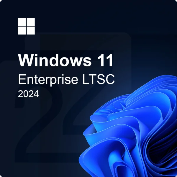 Promotional image featuring the text 'Windows 11 Enterprise LTSC 2024' on a dark background with a stylized blue light effect.