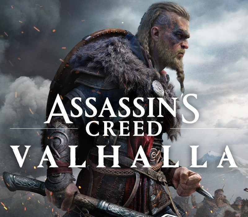 Character from 'Assassin's Creed Valhalla' holding a sword with a cloudy sky background
