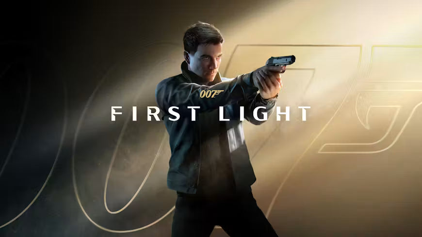 Person holding a gun with '007' branding and 'First Light' text on a dark background