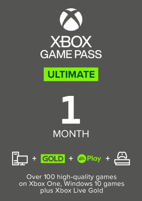Graphique promotionnel Xbox Game Pass Ultimate avec logo Xbox et texte sur un fond gris foncé