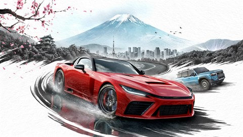 Red sports car racing on a track with a mountain and cityscape in the background