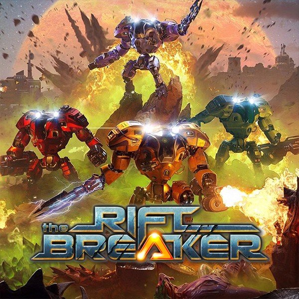 The game cover art for 'The Rift: The Breaker' features four heavily armored robotic mechs in red, orange, green, and purple standing amidst explosions and debris. The title 'the RIFT THE BREAKER' is displayed in large metallic letters at the bottom.
