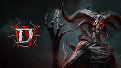 Stylized depiction of a demonic figure with horns and a logo on the left.