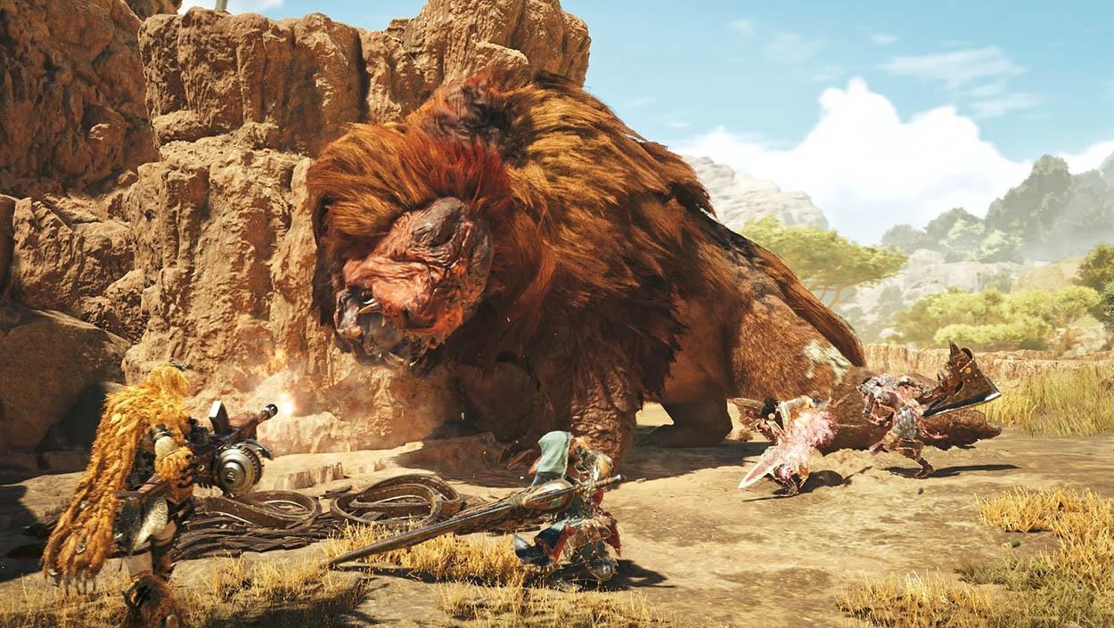Large lion-like creature in a rocky landscape with other creatures around