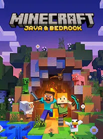 Promotional artwork for Minecraft: Java & Bedrock Edition featuring iconic characters from the game, showcasing a vibrant and playful style.