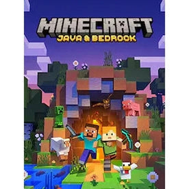 Promotional artwork for Minecraft: Java & Bedrock Edition featuring iconic characters from the game, showcasing a vibrant and playful style.