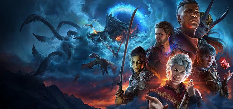 Collage of fantasy characters and creatures with a dragon in the background