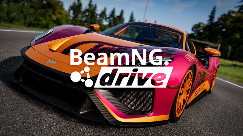 Carro esportivo colorido em uma estrada com sobreposição do logotipo 'BeamNG.drive'
