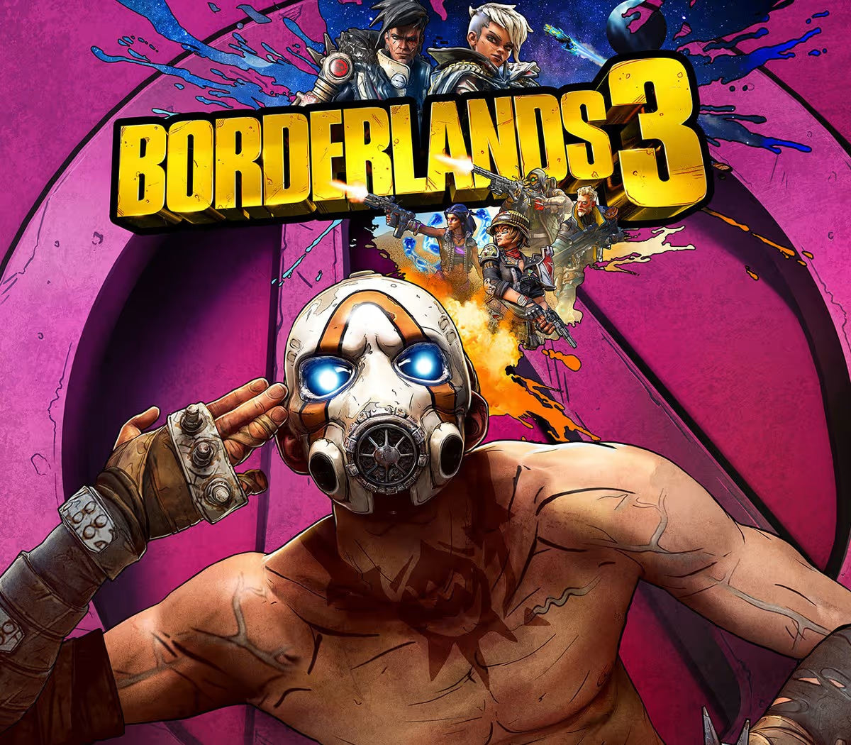 Promotional poster for 'Borderlands 3' with a character wearing a gas mask and colorful background.