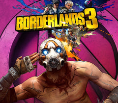Promotional poster for 'Borderlands 3' with a character wearing a gas mask and colorful background.