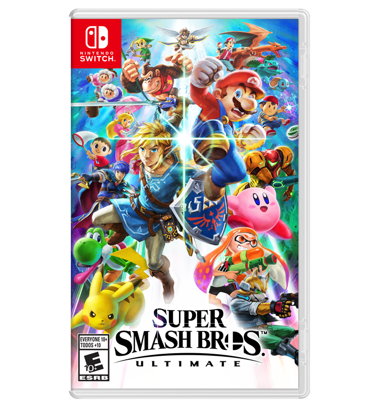 Super Smash Bros. Ultimate game case for Nintendo Switch with characters on a colorful background