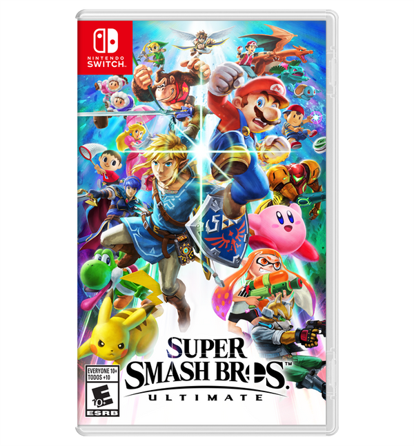 Super Smash Bros. Ultimate játéktok Nintendo Switchhez, színes háttérrel és karakterekkel