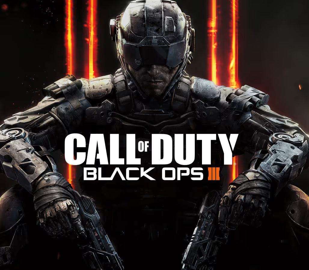 Promotional artwork for Call of Duty: Black Ops III featuring a heavily armored soldier in dark futuristic armor, with glowing orange vertical light bars in the background and the game title overlaid across the center.