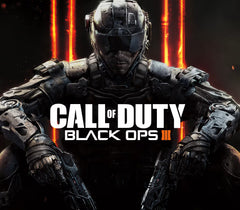 Promotional artwork for Call of Duty: Black Ops III featuring a heavily armored soldier in dark futuristic armor, with glowing orange vertical light bars in the background and the game title overlaid across the center.
