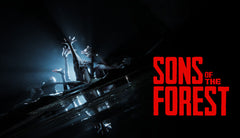 Promotional image for 'Sons of the Forest' with a dark forest scene and red text.