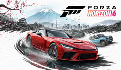 Red sports car racing on a track with 'Forza Horizon 6' logo in the background