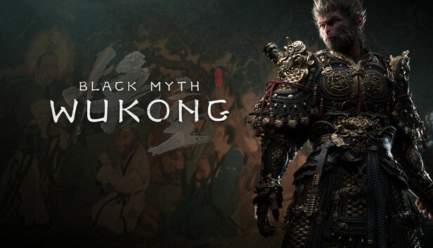 Personagem de 'Black Myth: Wukong' com armadura detalhada contra um fundo escuro