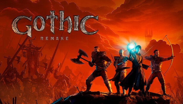 Promotivna slika za 'Gothic Remake' s likovima u fantastičnom okruženju na pozadini narančastog neba.