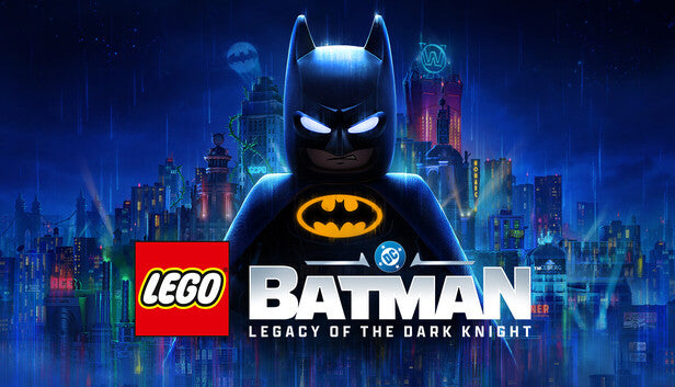 LEGO Batman character with cityscape background and LEGO logo