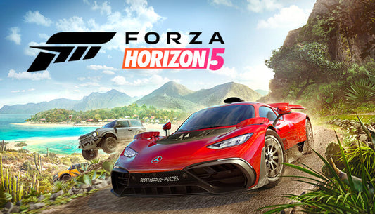 Forza Horizon 5 game cover with a red sports car on a scenic road.
