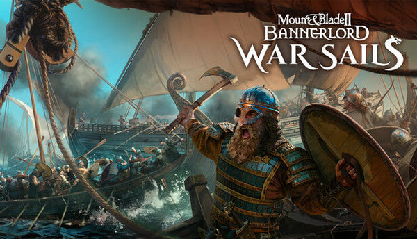 Guerrero vikingo en un barco con el texto 'Mount & Blade II: Bannerlord - Velas de Guerra'.