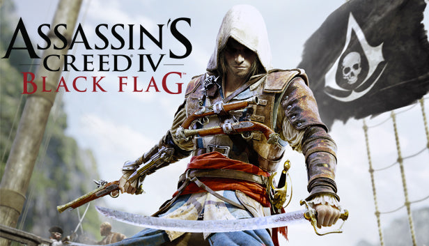 Character from 'Assassin's Creed IV: Black Flag' holding a sword with a pirate flag in the background.