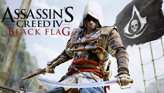Character from 'Assassin's Creed IV: Black Flag' holding a sword with a pirate flag in the background.