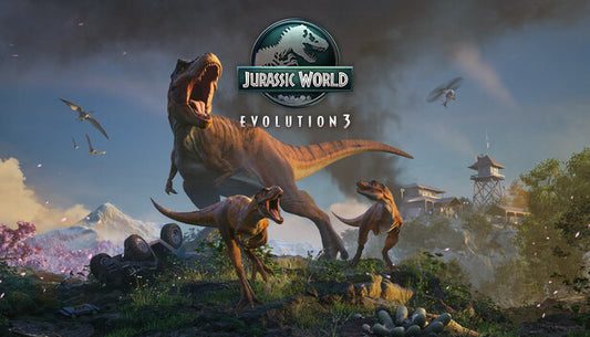 Dinosaurs in a prehistoric landscape with 'Jurassic World Evolution 3' logo.