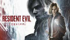Pôster promocional de 'Resident Evil: Requiem' apresentando dois personagens em um cenário chuvoso.