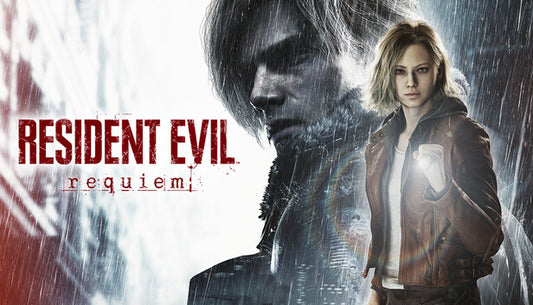 Promotional poster for 'Resident Evil: Requiem' featuring two characters in a rainy setting.