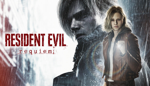Pôster promocional de 'Resident Evil: Requiem' apresentando dois personagens em um cenário chuvoso.