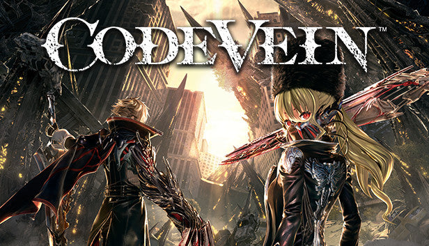 Imagem promocional de 'Code Vein' apresentando dois personagens se enfrentando com um fundo temático de fantasia sombria.