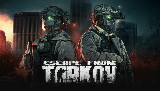Dva vojnika u taktičkoj opremi sa tekstom 'Escape from Tarkov' preko tamne pozadine grada.