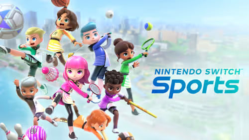 Προωθητική εικόνα για το Nintendo Switch Sports με κινούμενους χαρακτήρες που παίζουν διάφορα αθλήματα.