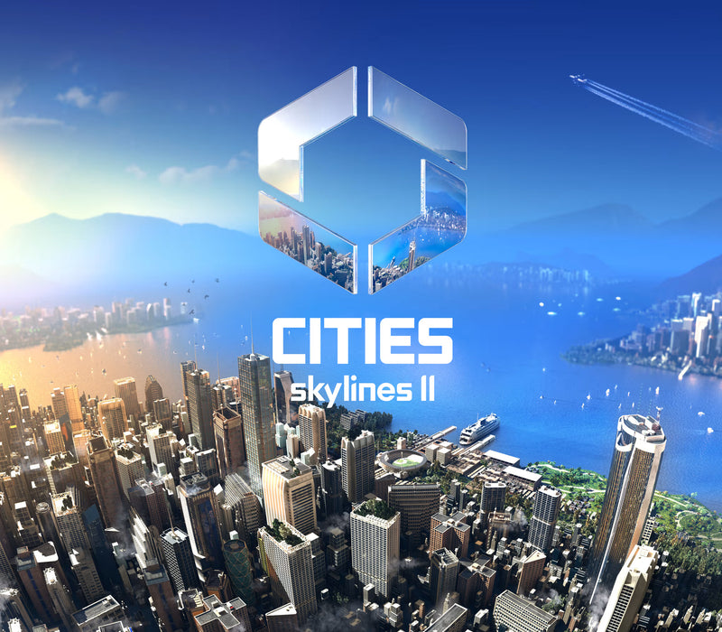 Promotional artwork for Cities Skylines II, featuring a large translucent geometric logo with a cityscape inside, above the game title, set over an aerial view of a dense blue-water coastal metropolis.