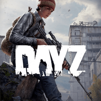 Promotional image for the video game 'DayZ' featuring a character in a ruined cityscape, holding a rifle and wearing a backpack, with the 'DayZ' game title prominently displayed.