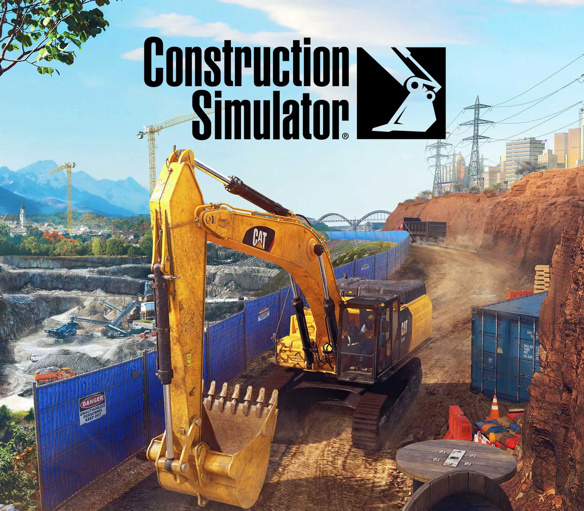 Construction Simulator game cover with excavator on a construction site