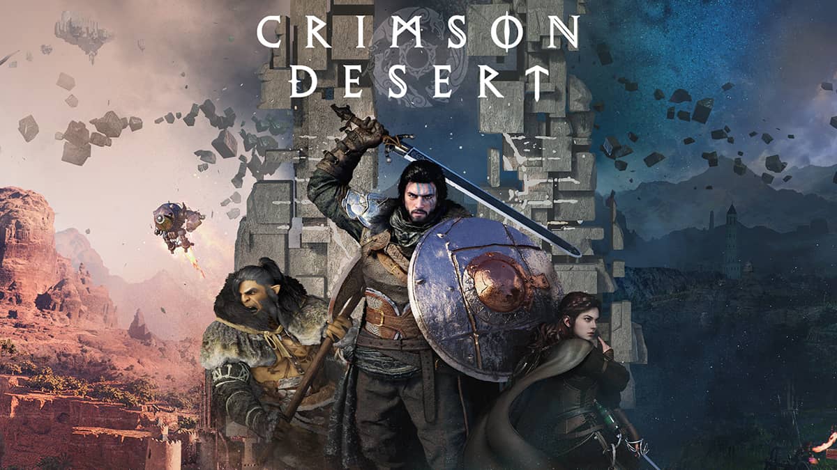 Promotional image for 'Crimson Desert' featuring characters in a desert setting with a castle in the background.
