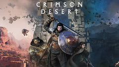 Promotional image for 'Crimson Desert' featuring characters in a desert setting with a castle in the background.